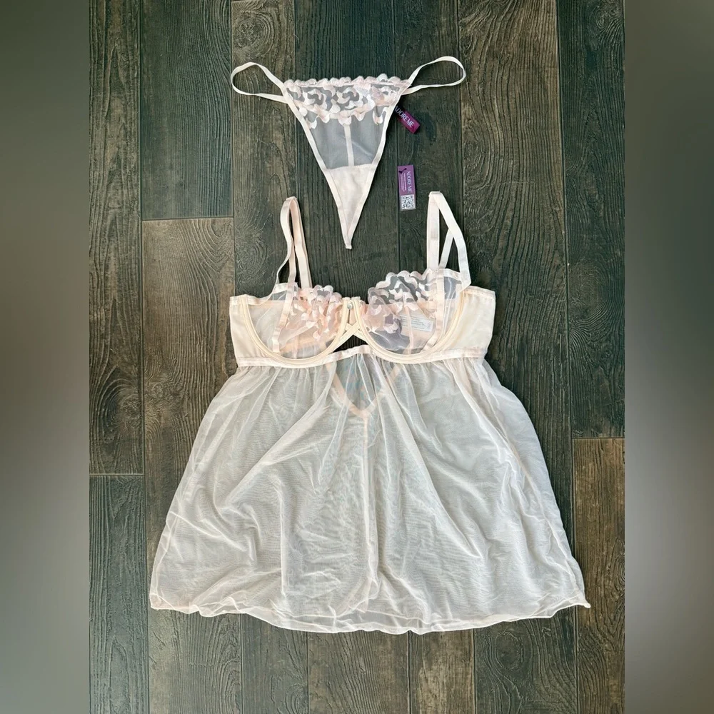 Adore Me Sheer Mesh Babydoll & Thong Lingerie Set Large NWT